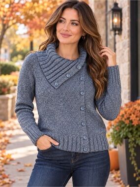 Y2K Era BCBG Max Azria Gray Blue Chunky Knit Sweater Made in Hong Kong